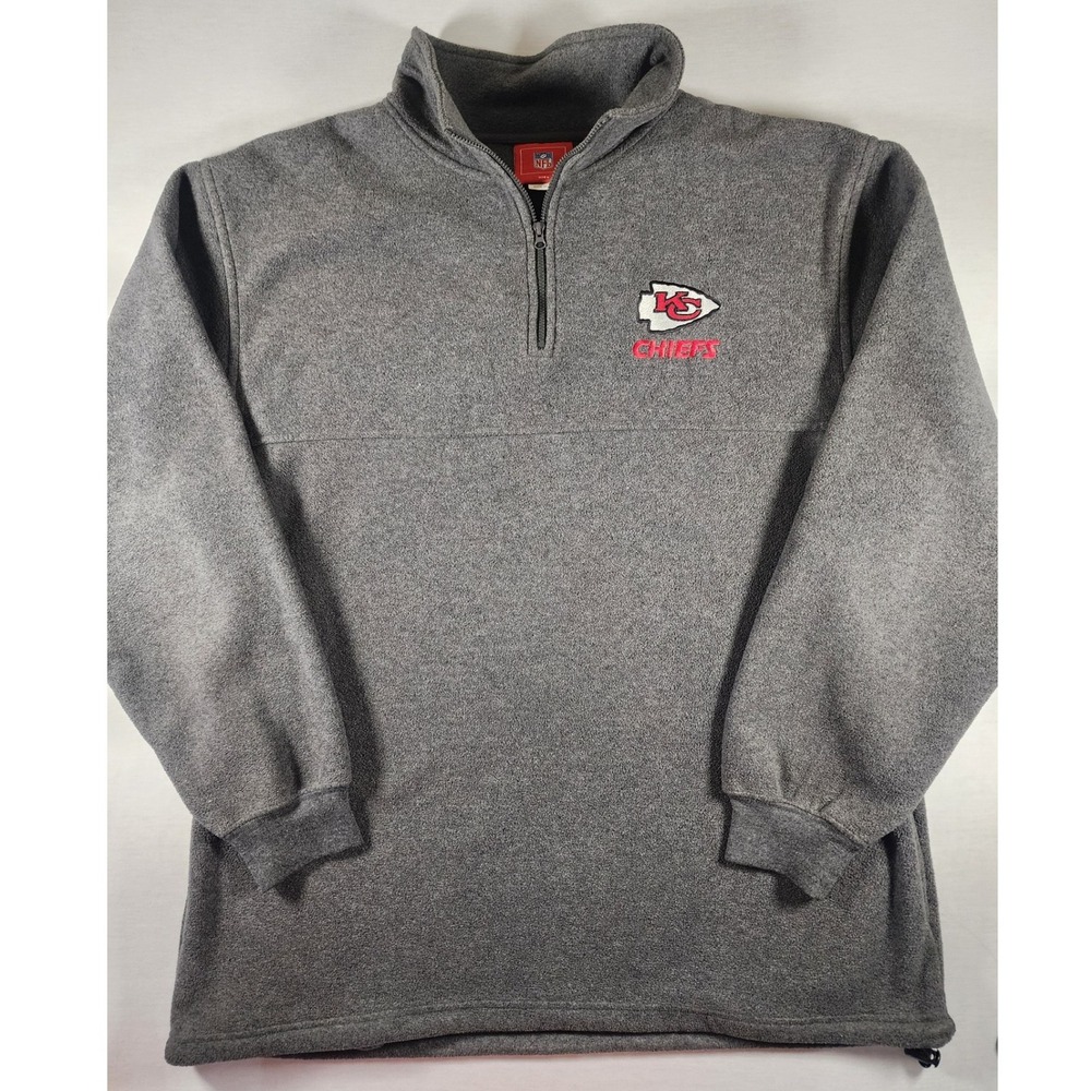NFL Kansas City Chiefs Fleece Quarter Zip Embroidered Pullover Gray Mens Large